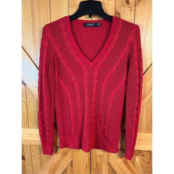 Lauren Ralph Lauren Cable-Knit V-Neck Sweater Lipstick Red Size XS (0961) - Picture 1 of 5